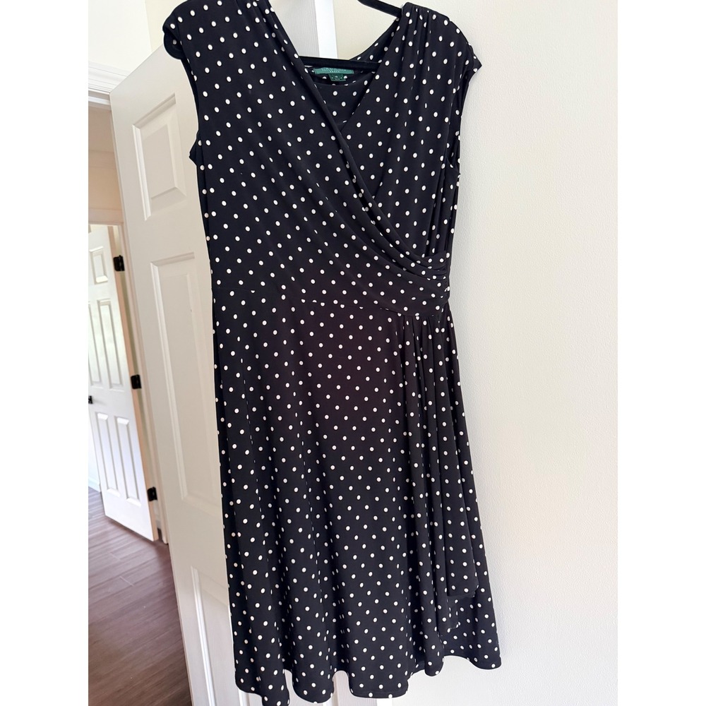 Lauren Ralph Lauren Black White Polka Dot Faux Wrap Dress Womens 12 Sleeveless